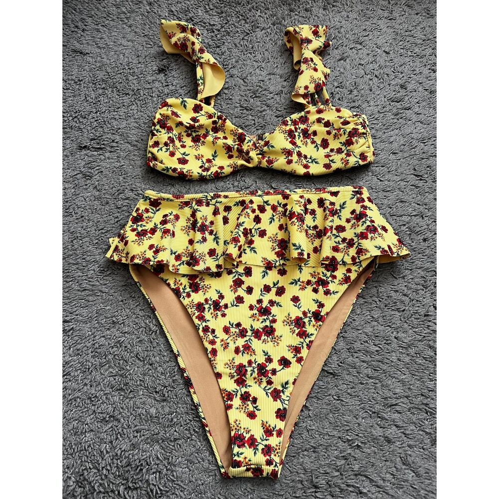 Beach Riot Ruffle Bikini Set Yellow Red Floral Size S - Picture 2 of 6